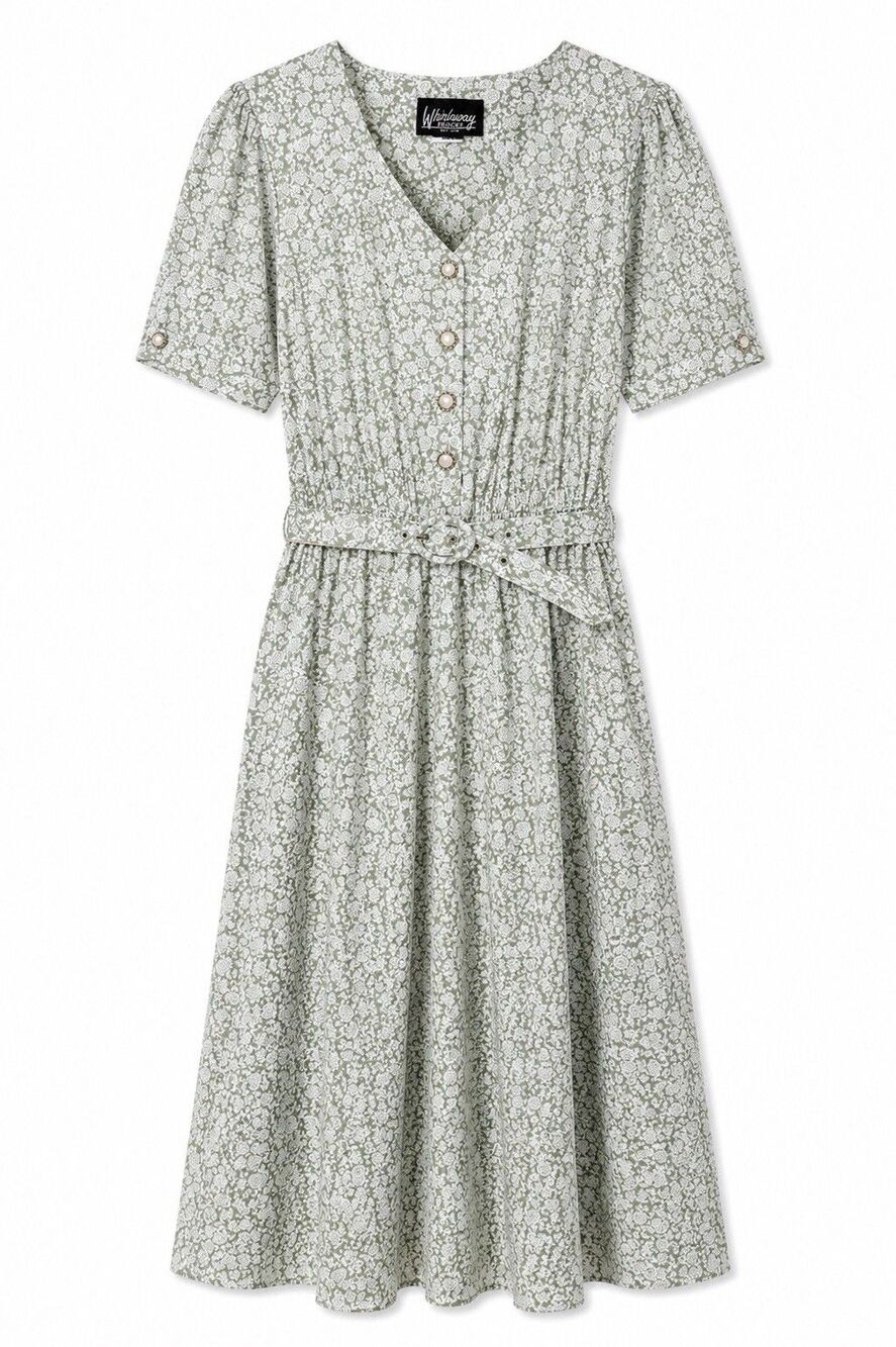 Whirlaway Frocks Vintage Women’s Short Sleeve Belted Floral Dress Green Size 10